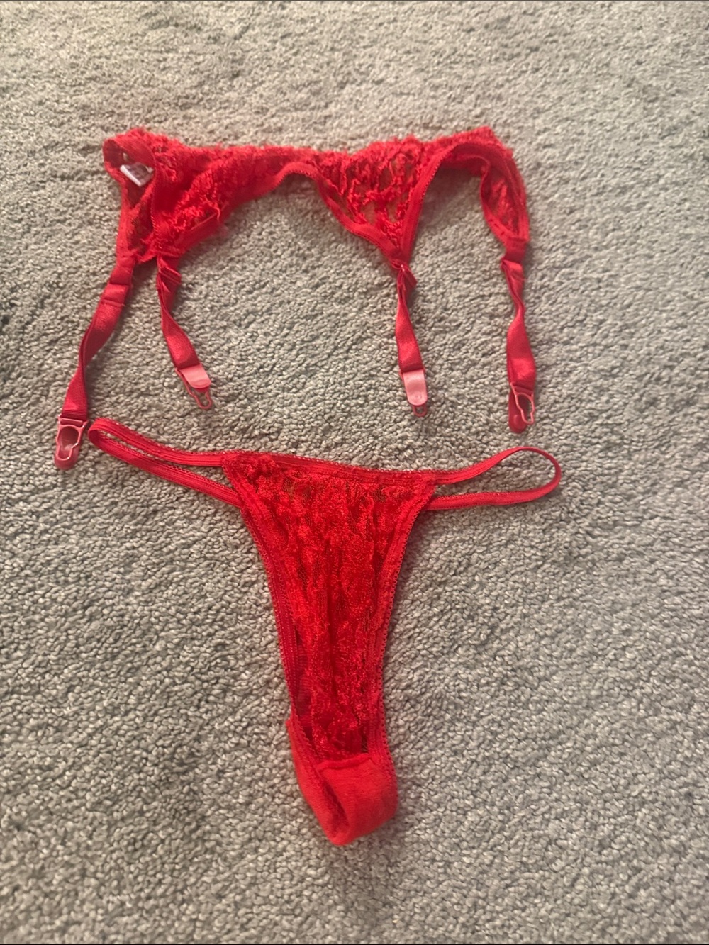 Red Lace Garter Thong Set - Women Intimates